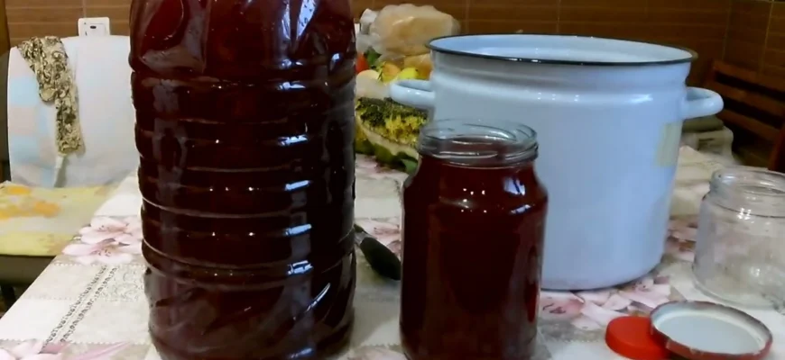 домашнее вино из варенья в стеклянной бутыли, банки с вареньем рядом, деревянный стол